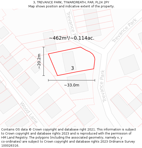 3, TREVANCE PARK, TYWARDREATH, PAR, PL24 2PY: Plot and title map