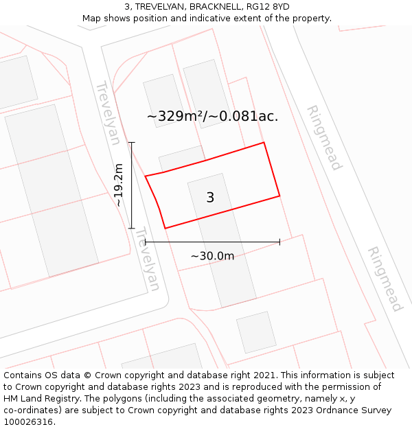 3, TREVELYAN, BRACKNELL, RG12 8YD: Plot and title map