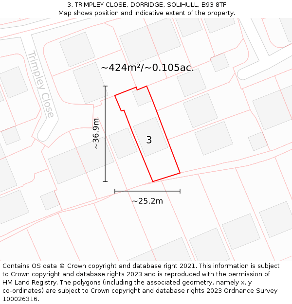 3, TRIMPLEY CLOSE, DORRIDGE, SOLIHULL, B93 8TF: Plot and title map