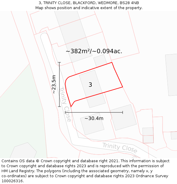 3, TRINITY CLOSE, BLACKFORD, WEDMORE, BS28 4NB: Plot and title map