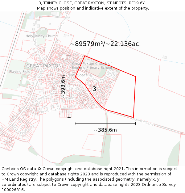 3, TRINITY CLOSE, GREAT PAXTON, ST NEOTS, PE19 6YL: Plot and title map
