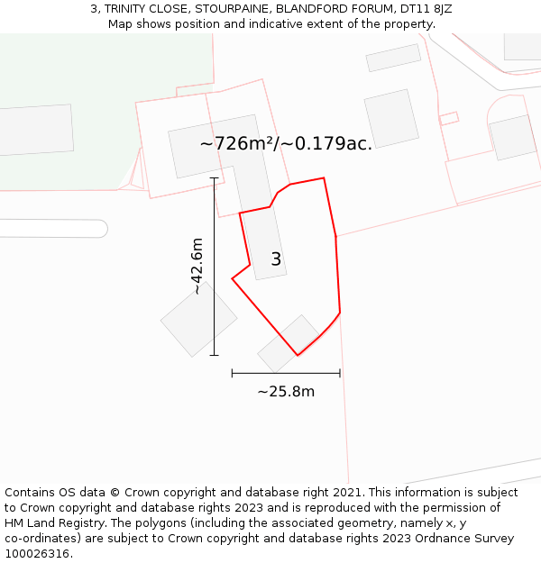 3, TRINITY CLOSE, STOURPAINE, BLANDFORD FORUM, DT11 8JZ: Plot and title map