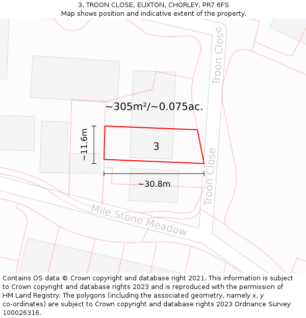 3, TROON CLOSE, EUXTON, CHORLEY, PR7 6FS: Plot and title map