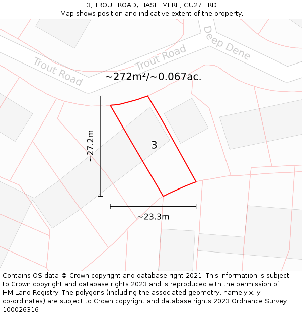 3, TROUT ROAD, HASLEMERE, GU27 1RD: Plot and title map
