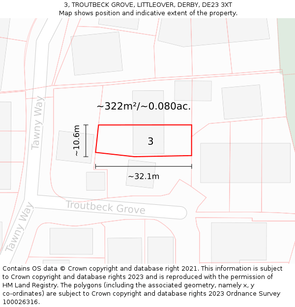 3, TROUTBECK GROVE, LITTLEOVER, DERBY, DE23 3XT: Plot and title map
