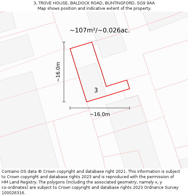 3, TROVE HOUSE, BALDOCK ROAD, BUNTINGFORD, SG9 9AA: Plot and title map