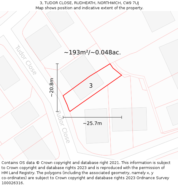 3, TUDOR CLOSE, RUDHEATH, NORTHWICH, CW9 7UJ: Plot and title map