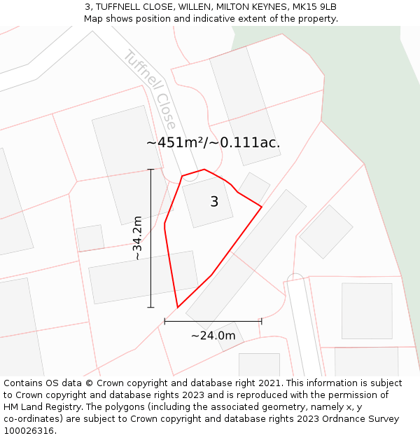 3, TUFFNELL CLOSE, WILLEN, MILTON KEYNES, MK15 9LB: Plot and title map