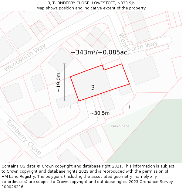 3, TURNBERRY CLOSE, LOWESTOFT, NR33 9JN: Plot and title map