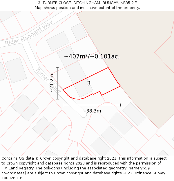 3, TURNER CLOSE, DITCHINGHAM, BUNGAY, NR35 2JE: Plot and title map