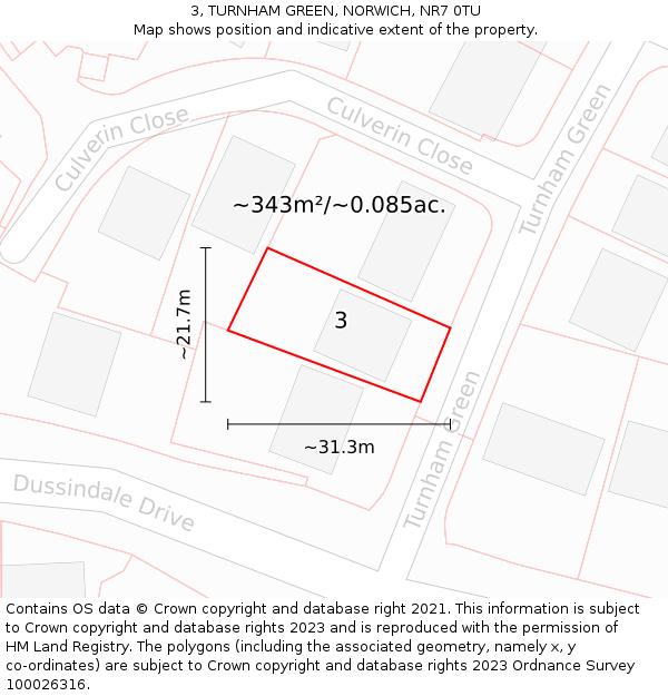 3, TURNHAM GREEN, NORWICH, NR7 0TU: Plot and title map