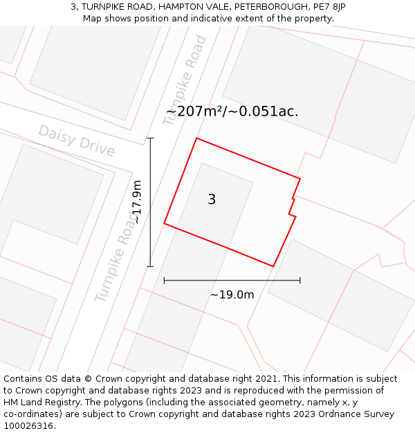 3, TURNPIKE ROAD, HAMPTON VALE, PETERBOROUGH, PE7 8JP: Plot and title map