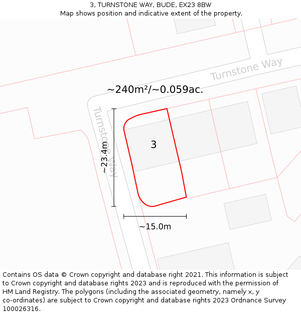 3, TURNSTONE WAY, BUDE, EX23 8BW: Plot and title map