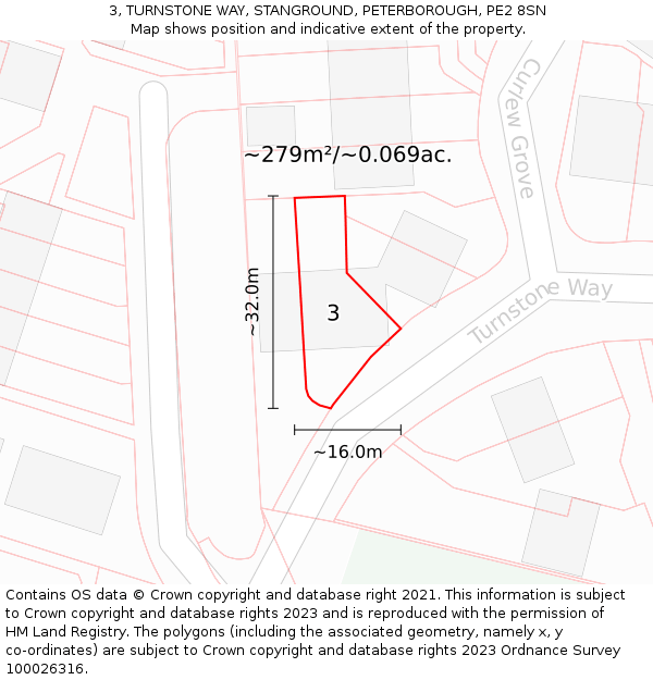 3, TURNSTONE WAY, STANGROUND, PETERBOROUGH, PE2 8SN: Plot and title map