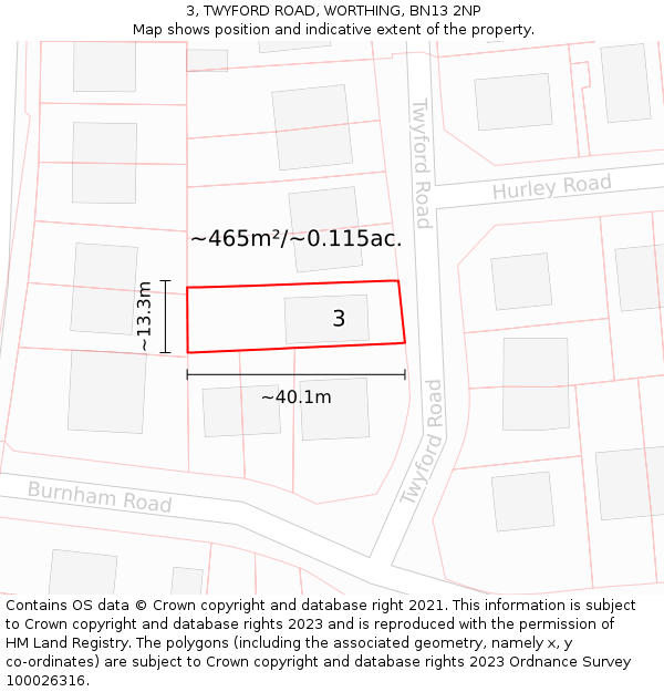3, TWYFORD ROAD, WORTHING, BN13 2NP: Plot and title map