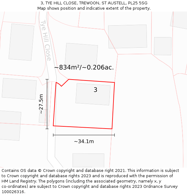 3, TYE HILL CLOSE, TREWOON, ST AUSTELL, PL25 5SG: Plot and title map