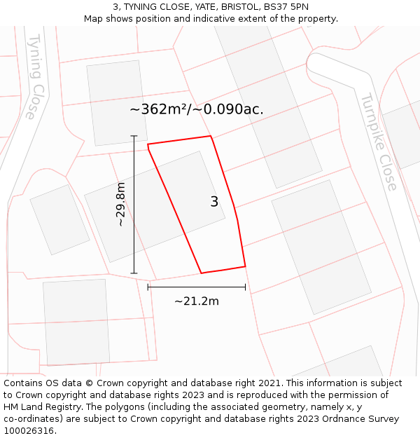 3, TYNING CLOSE, YATE, BRISTOL, BS37 5PN: Plot and title map