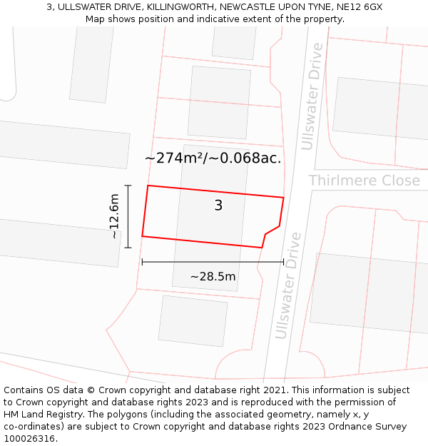 3, ULLSWATER DRIVE, KILLINGWORTH, NEWCASTLE UPON TYNE, NE12 6GX: Plot and title map