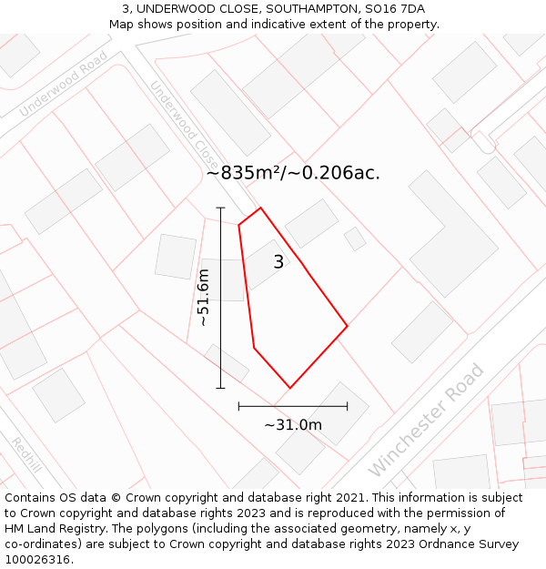 3, UNDERWOOD CLOSE, SOUTHAMPTON, SO16 7DA: Plot and title map