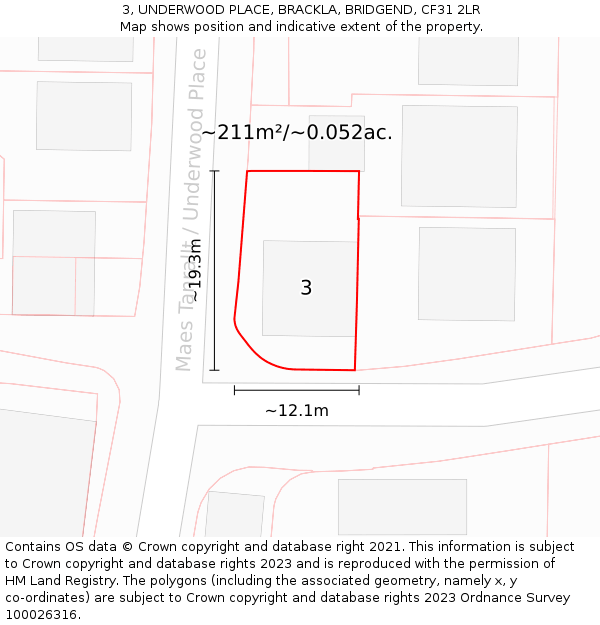3, UNDERWOOD PLACE, BRACKLA, BRIDGEND, CF31 2LR: Plot and title map