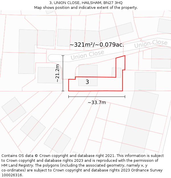3, UNION CLOSE, HAILSHAM, BN27 3HQ: Plot and title map