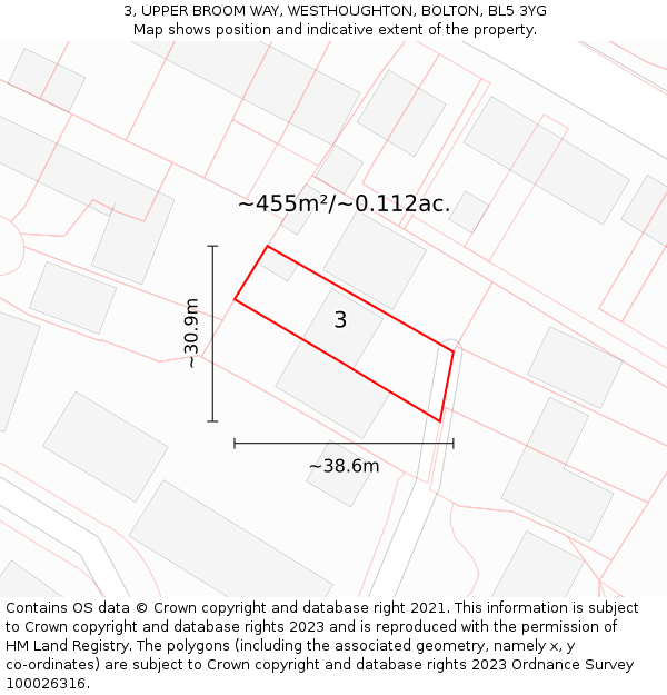 3, UPPER BROOM WAY, WESTHOUGHTON, BOLTON, BL5 3YG: Plot and title map