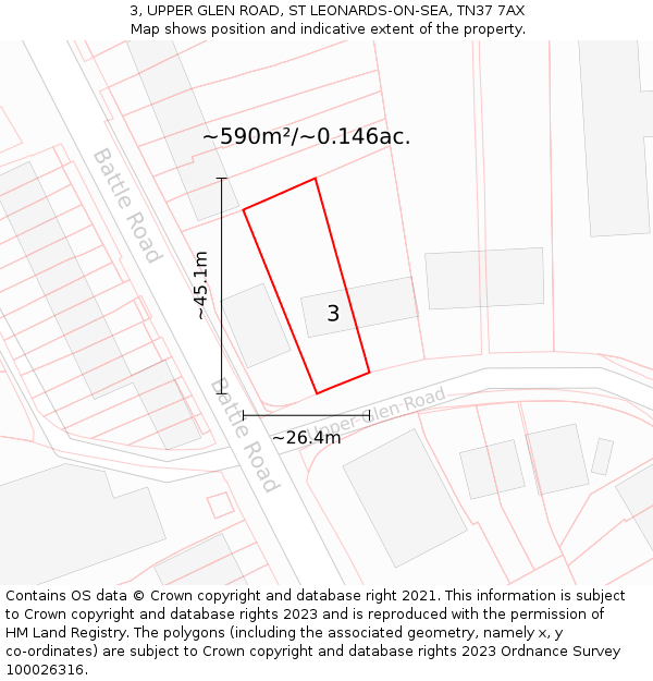 3, UPPER GLEN ROAD, ST LEONARDS-ON-SEA, TN37 7AX: Plot and title map