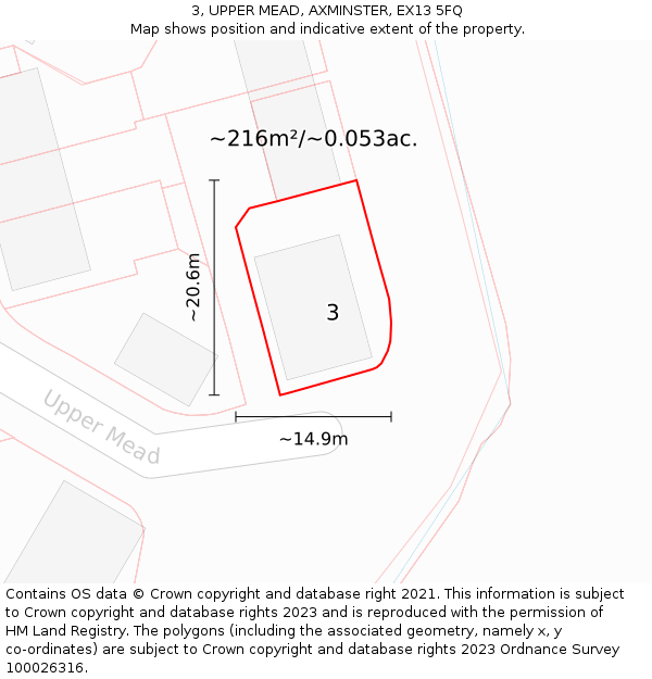 3, UPPER MEAD, AXMINSTER, EX13 5FQ: Plot and title map