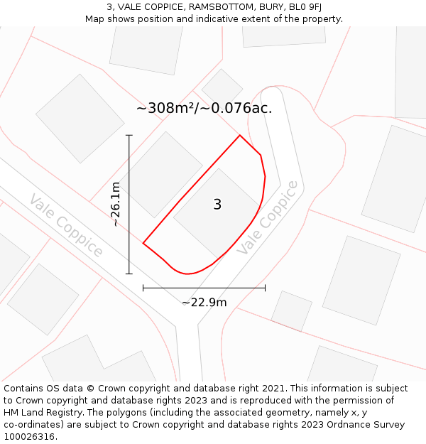 3, VALE COPPICE, RAMSBOTTOM, BURY, BL0 9FJ: Plot and title map