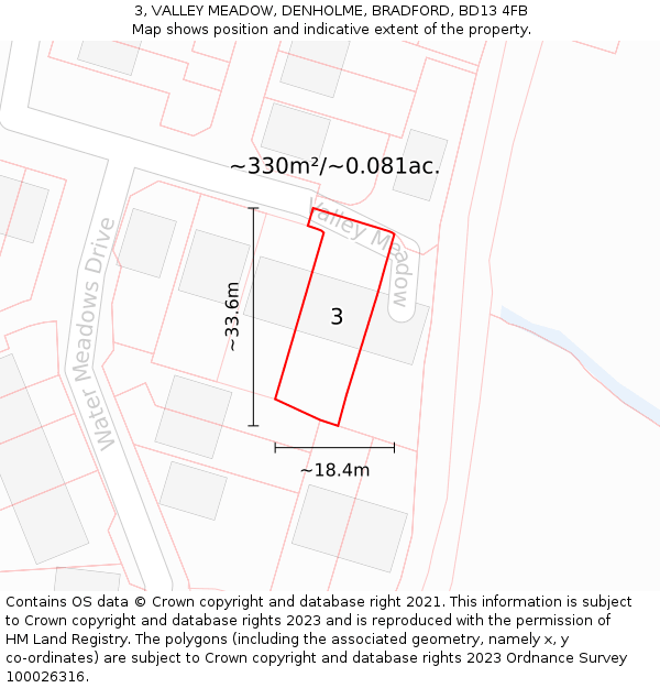3, VALLEY MEADOW, DENHOLME, BRADFORD, BD13 4FB: Plot and title map