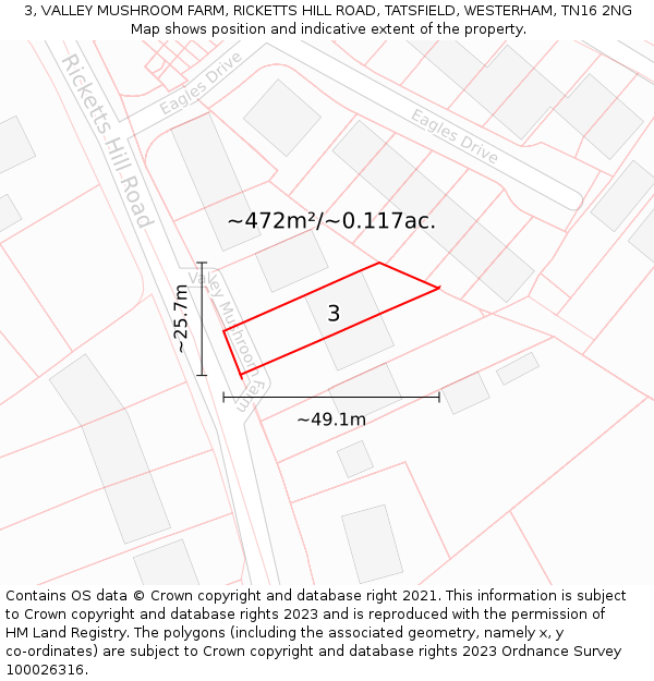 3, VALLEY MUSHROOM FARM, RICKETTS HILL ROAD, TATSFIELD, WESTERHAM, TN16 2NG: Plot and title map