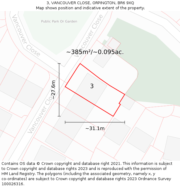 3, VANCOUVER CLOSE, ORPINGTON, BR6 9XQ: Plot and title map