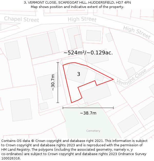 3, VERMONT CLOSE, SCAPEGOAT HILL, HUDDERSFIELD, HD7 4PN: Plot and title map