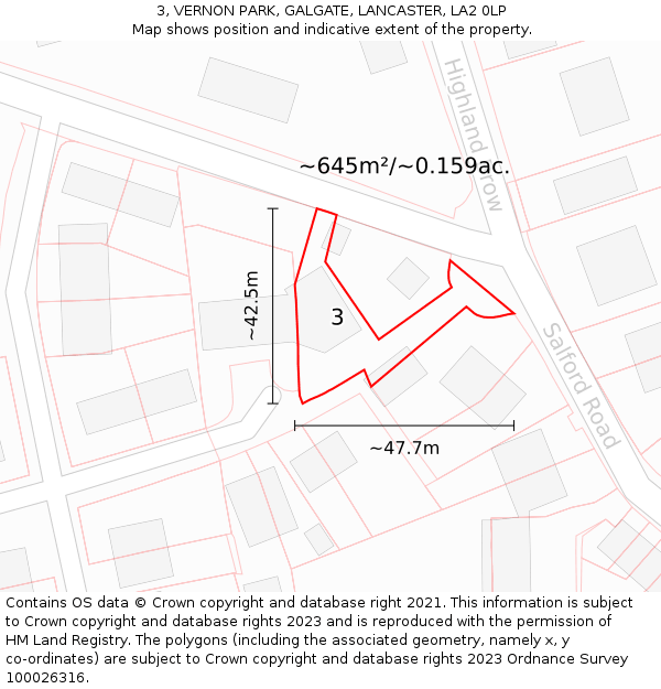 3, VERNON PARK, GALGATE, LANCASTER, LA2 0LP: Plot and title map