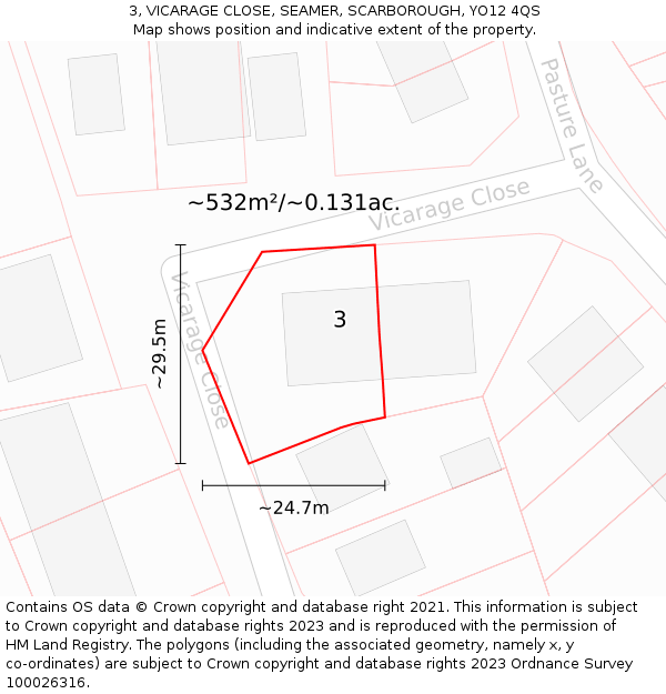 3, VICARAGE CLOSE, SEAMER, SCARBOROUGH, YO12 4QS: Plot and title map