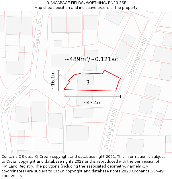 3, VICARAGE FIELDS, WORTHING, BN13 3SF: Plot and title map