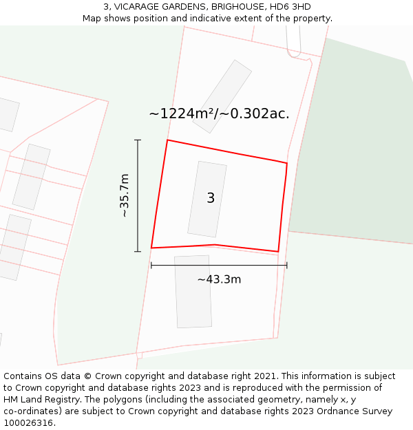 3, VICARAGE GARDENS, BRIGHOUSE, HD6 3HD: Plot and title map