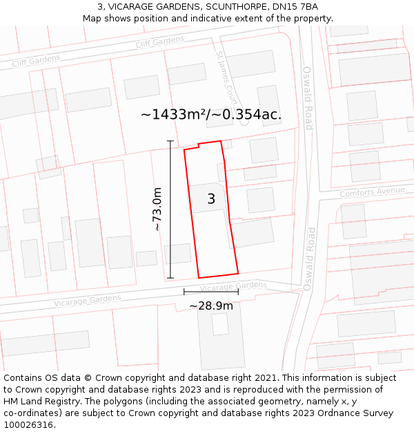 3, VICARAGE GARDENS, SCUNTHORPE, DN15 7BA: Plot and title map