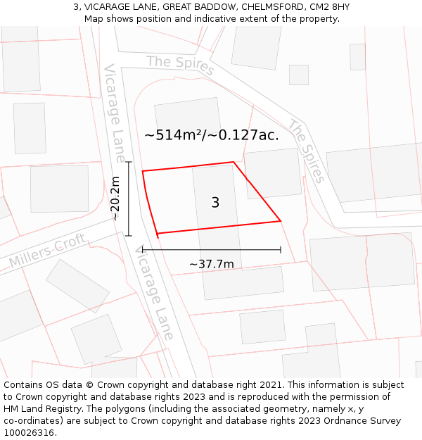 3, VICARAGE LANE, GREAT BADDOW, CHELMSFORD, CM2 8HY: Plot and title map