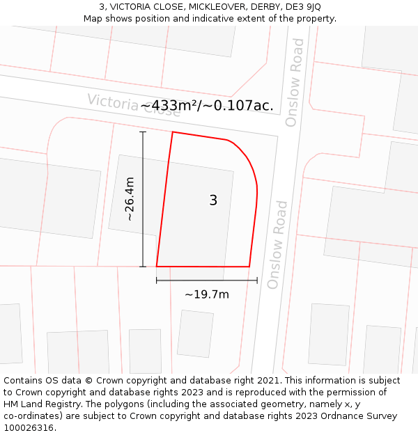 3, VICTORIA CLOSE, MICKLEOVER, DERBY, DE3 9JQ: Plot and title map