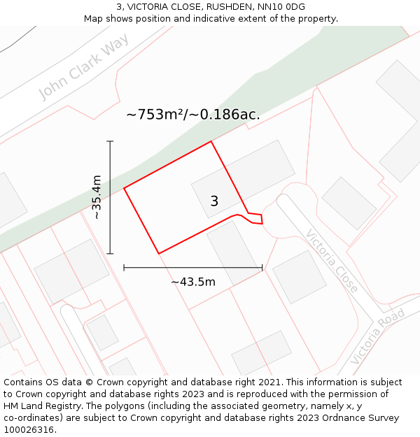 3, VICTORIA CLOSE, RUSHDEN, NN10 0DG: Plot and title map