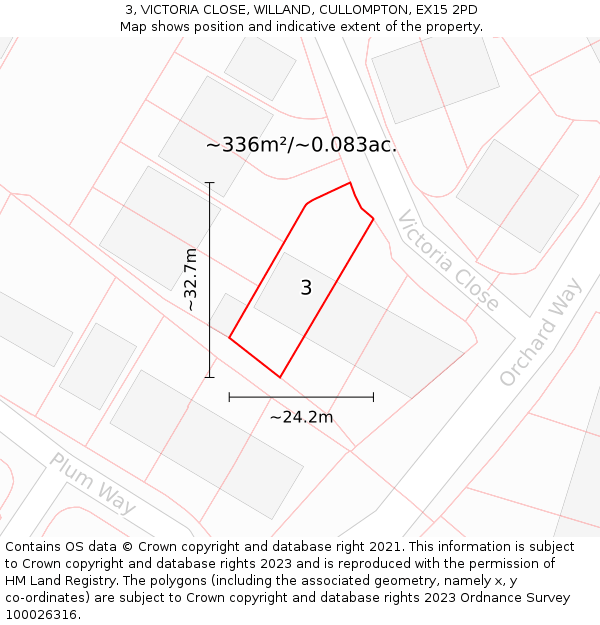 3, VICTORIA CLOSE, WILLAND, CULLOMPTON, EX15 2PD: Plot and title map