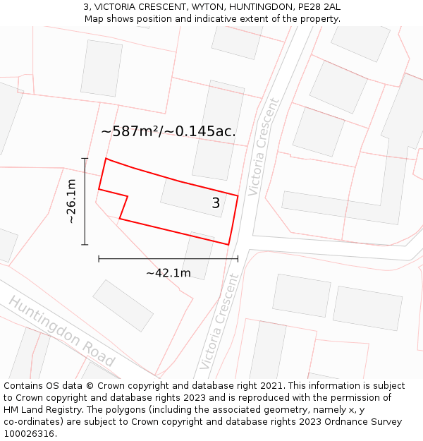 3, VICTORIA CRESCENT, WYTON, HUNTINGDON, PE28 2AL: Plot and title map