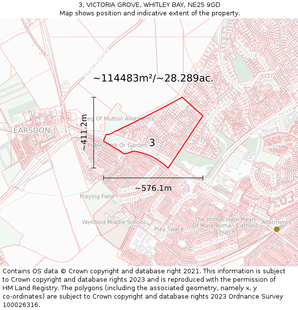 3, VICTORIA GROVE, WHITLEY BAY, NE25 9GD: Plot and title map