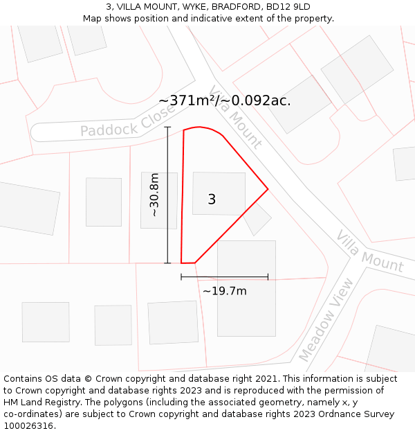 3, VILLA MOUNT, WYKE, BRADFORD, BD12 9LD: Plot and title map