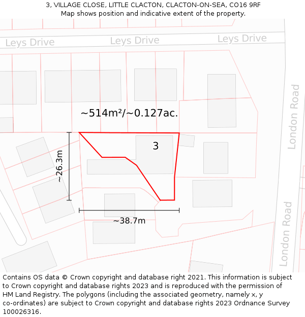 3, VILLAGE CLOSE, LITTLE CLACTON, CLACTON-ON-SEA, CO16 9RF: Plot and title map