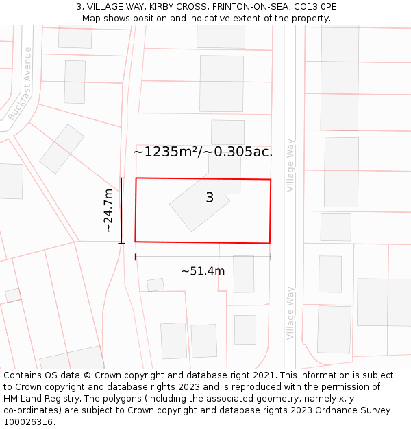 3, VILLAGE WAY, KIRBY CROSS, FRINTON-ON-SEA, CO13 0PE: Plot and title map