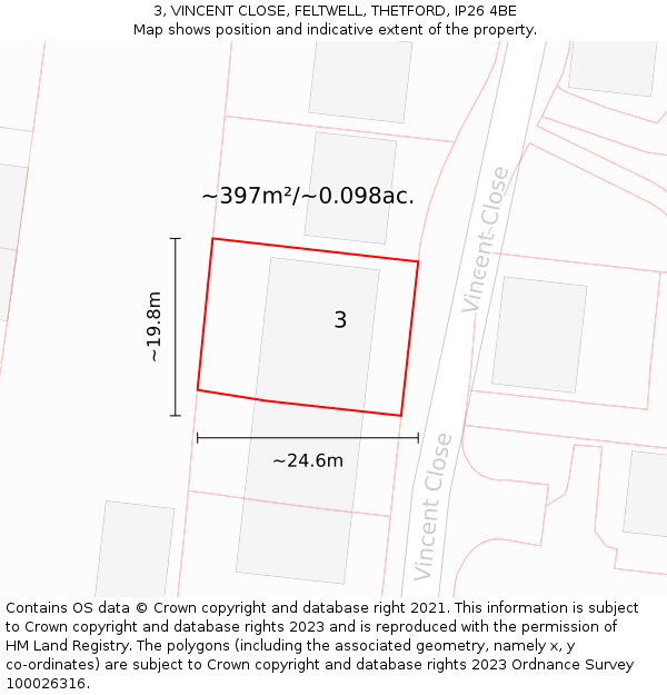 3, VINCENT CLOSE, FELTWELL, THETFORD, IP26 4BE: Plot and title map