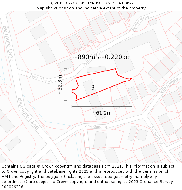 3, VITRE GARDENS, LYMINGTON, SO41 3NA: Plot and title map