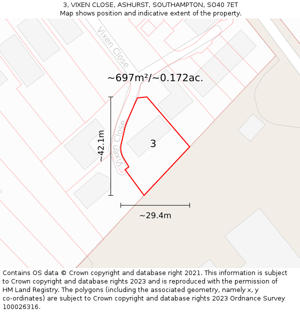 3, VIXEN CLOSE, ASHURST, SOUTHAMPTON, SO40 7ET: Plot and title map